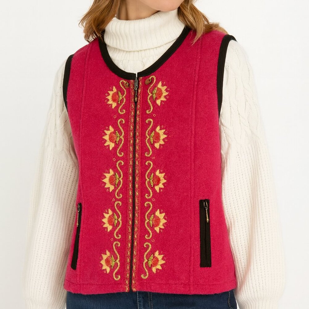 Icelandic Design 100% Wool Vest Boiled Embroidered size M Full Zip Ethnic Retro